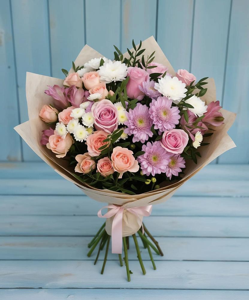 Букет цветов из: Хризантемы, Розы и Альстромерии в Воскресенском