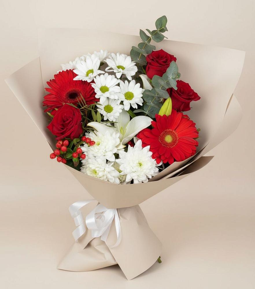 Букет цветов из: Розы, Хризантемы, Герберы и Лилии в Воскресенском