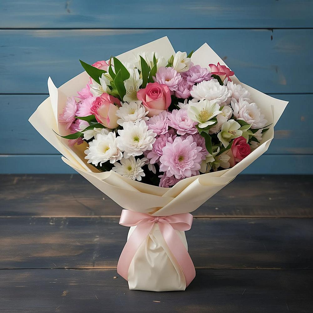 Букет цветов из: Хризантемы, Альстромерии и Розы в Воскресенском